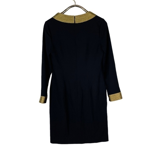 MONIQUE LHUILLIER LONG SLEEVE PIPE TRIM GOLD BLACK SHEATH COCKTAIL DRESS - Picture 4 of 13